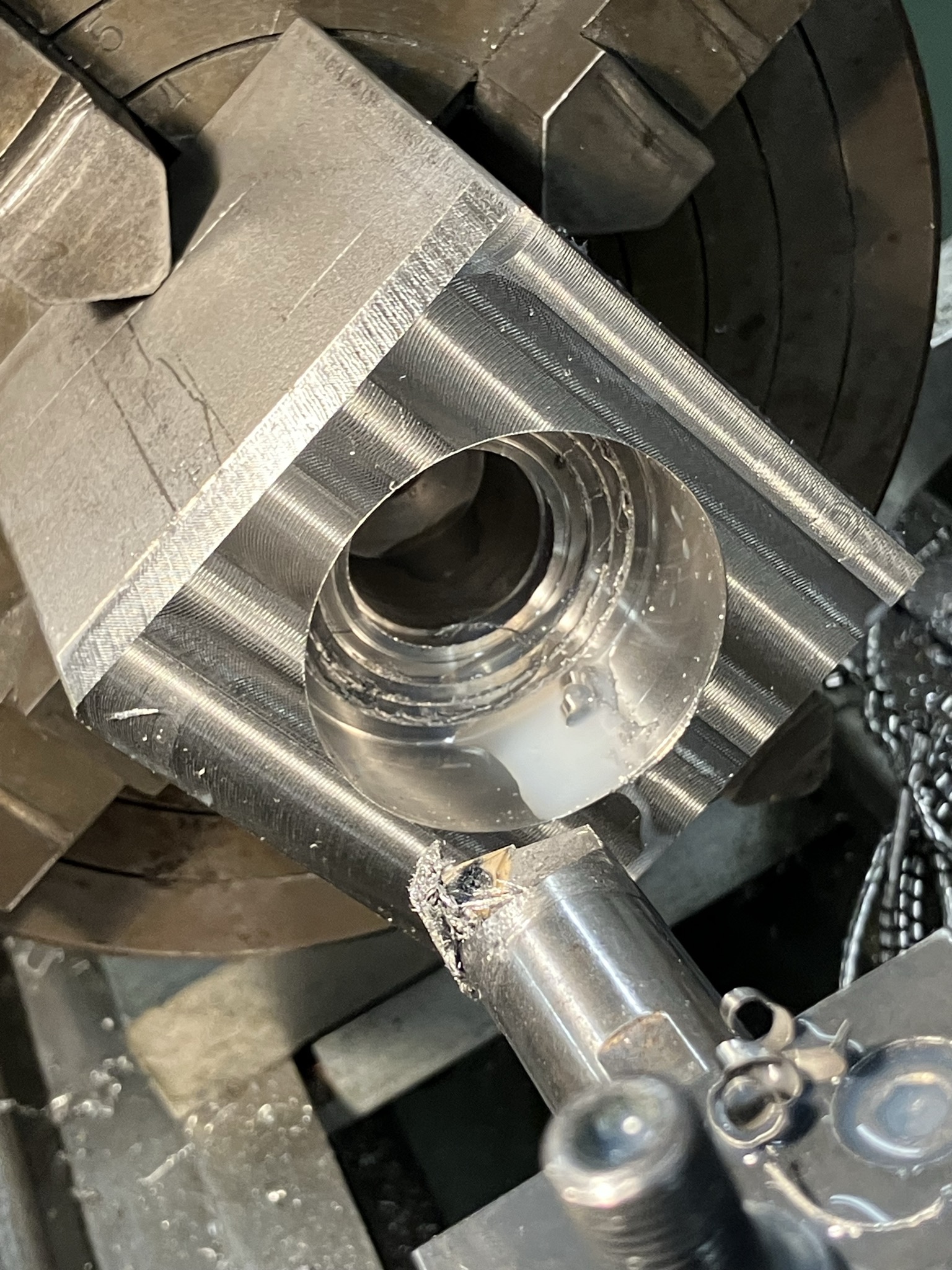 Bringing the boiler ID to size in a lathe.