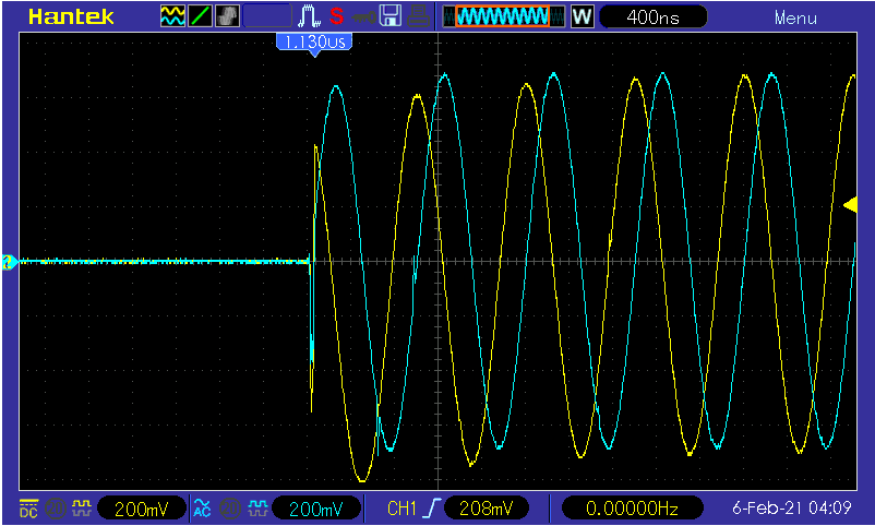 The beginning of a sine wave pulse created by the DDS