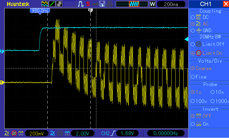 The beginning of a square wave pulse created by the DDS