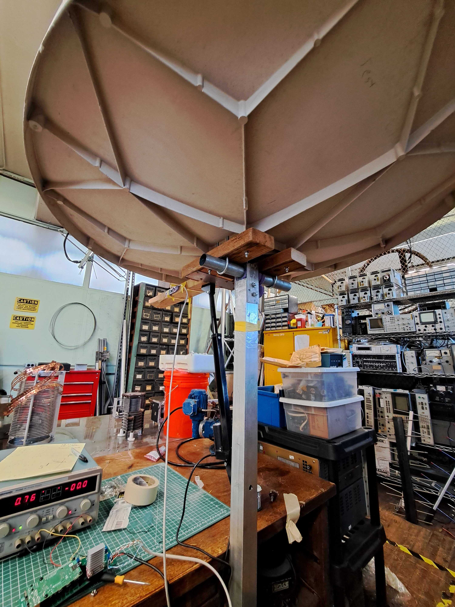A test dish set up in the Radio Society shop.