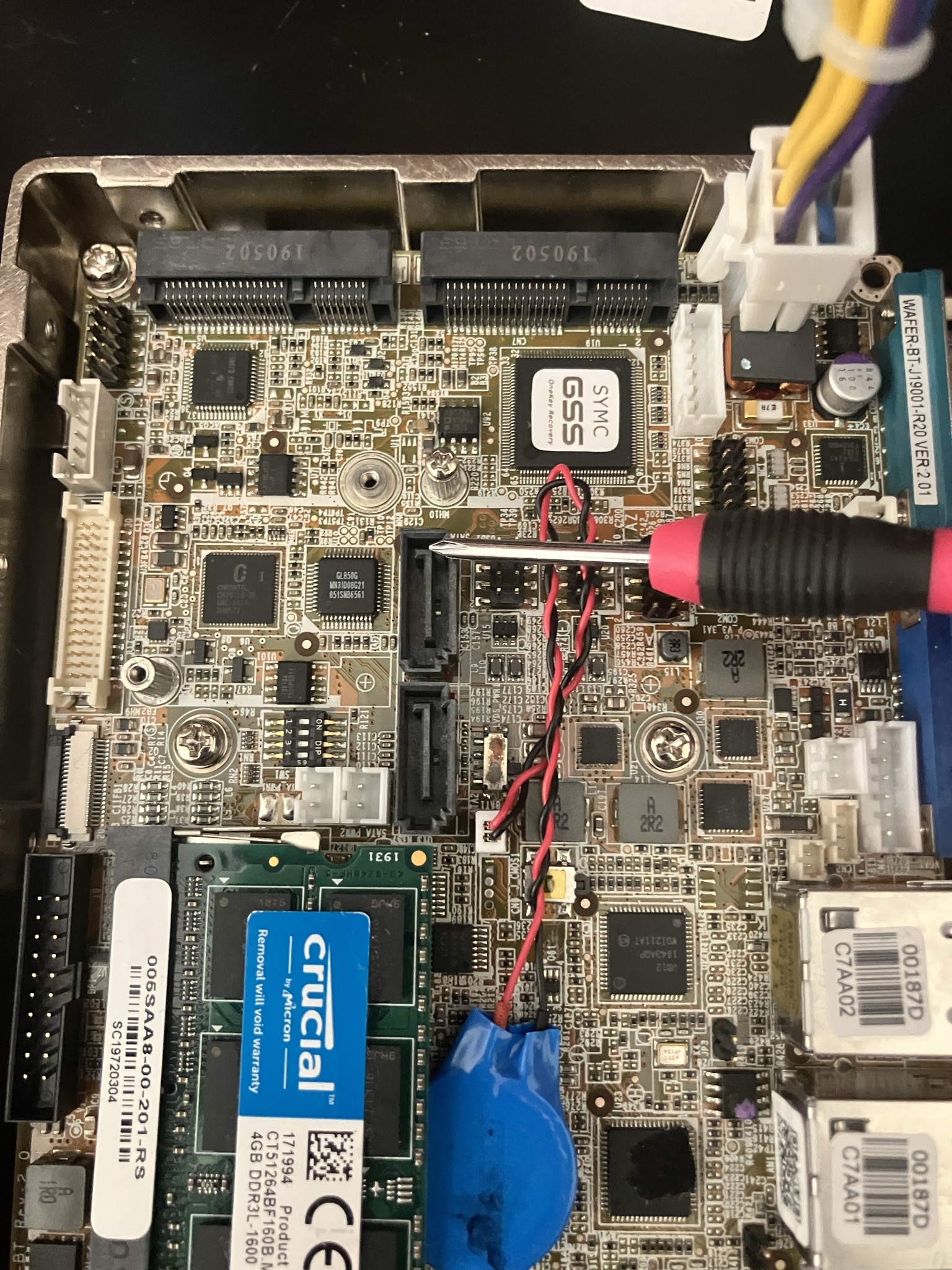 Close-up of the WAFER board, showing connectors blocking the way for a full size PCIe-mini card
