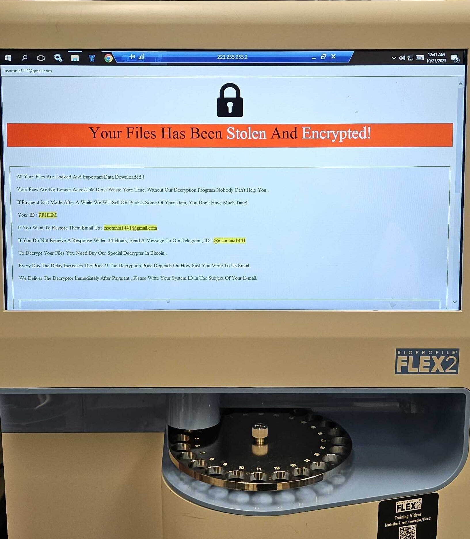 A ransomware message on a lab instrument.
