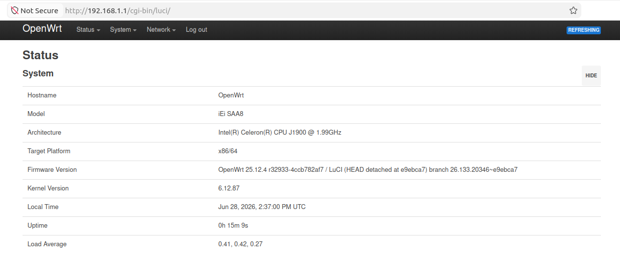 The LuCI console showing system information.