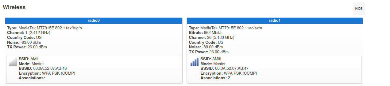 The LuCI console showing the radio information for the wifi card.