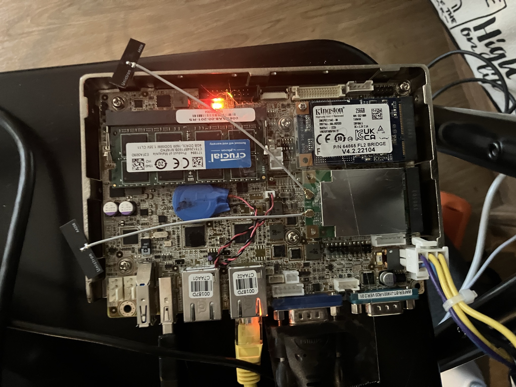 The WAFER board with the wifi card taped inside it.