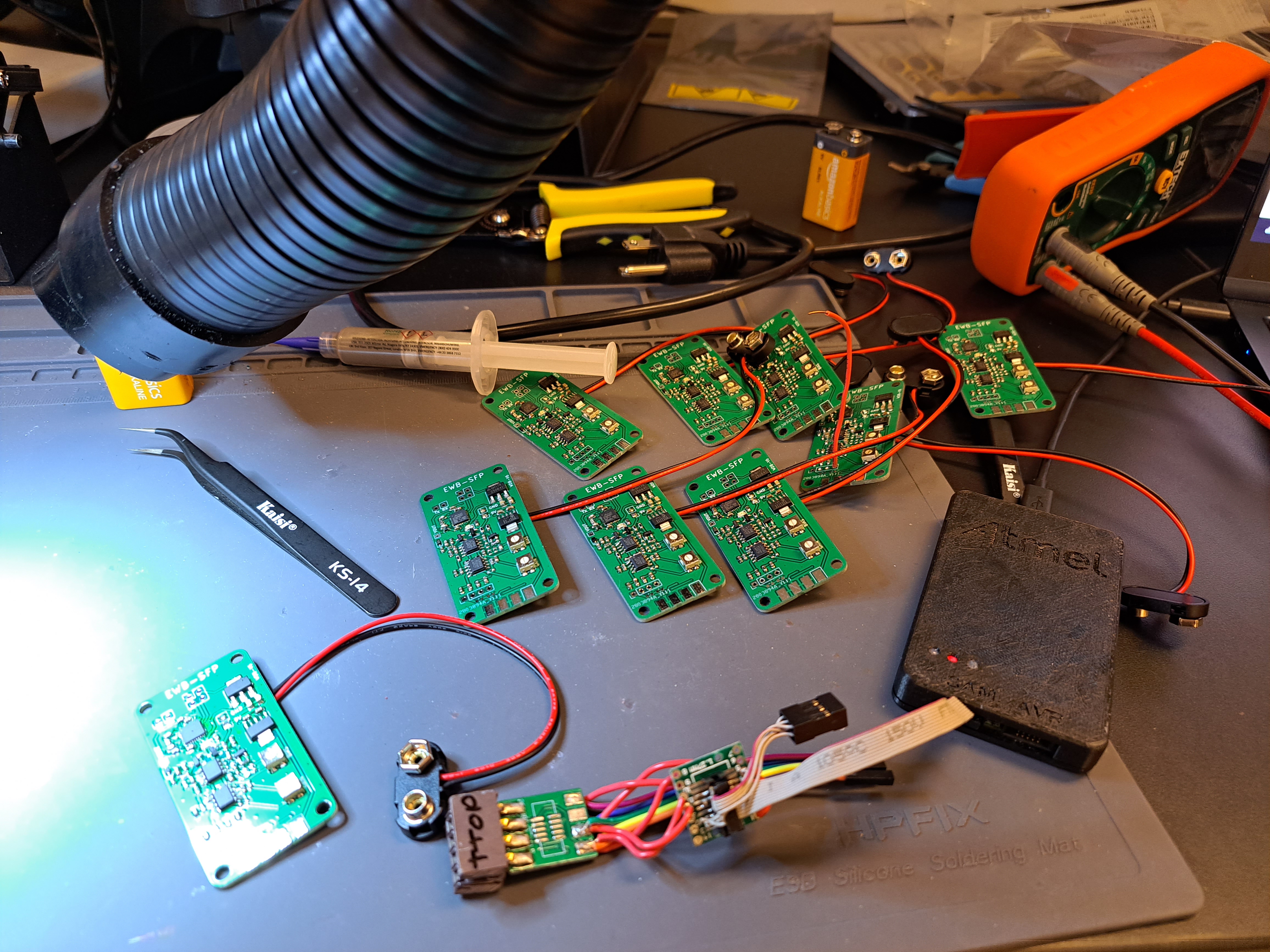 Some of the well monitor boards with the programmer.